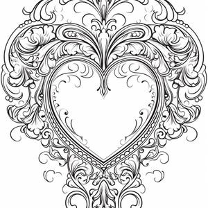 A black and white line art drawing of an ornate, heart-shaped frame with swirling floral and leaf patterns.