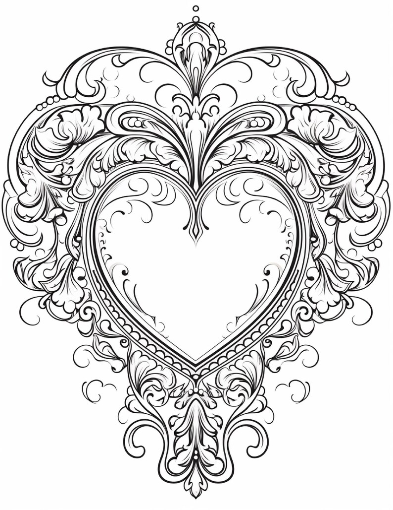 A black and white line art drawing of an ornate, heart-shaped frame with swirling floral and leaf patterns.