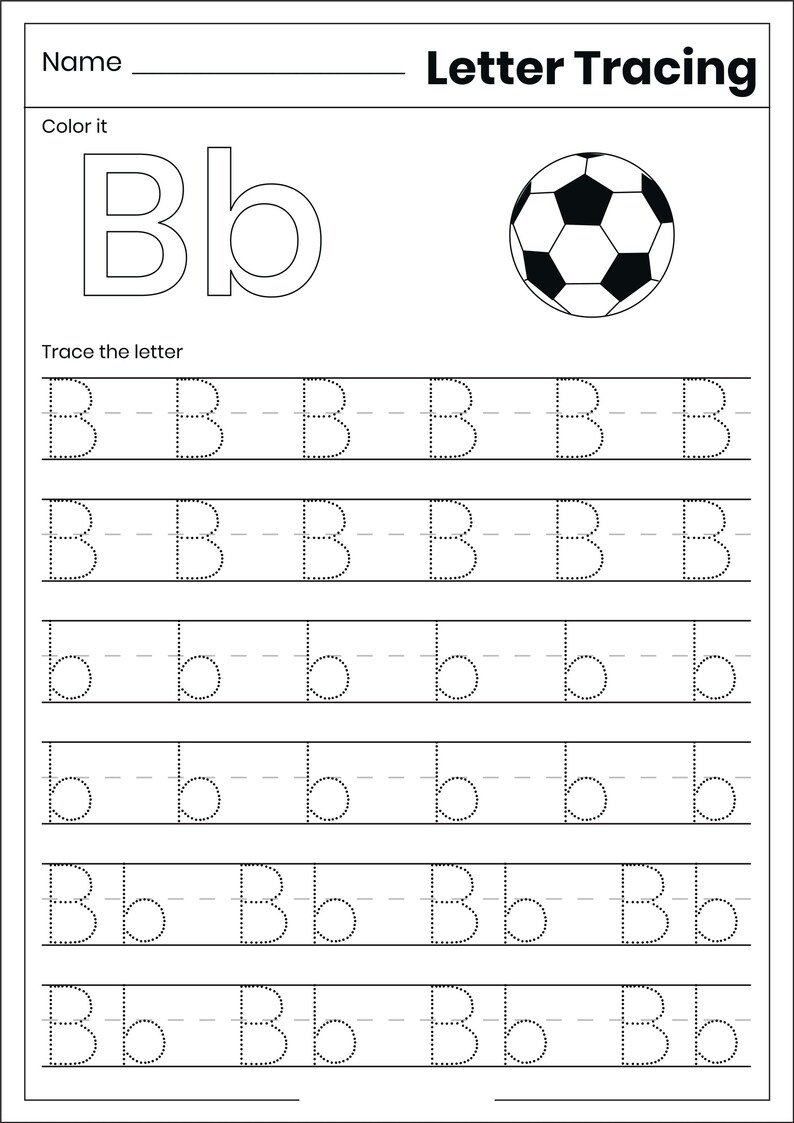 May include: A black and white educational worksheet titled Letter Tracing featuring the letter Bb in uppercase and lowercase, a soccer ball illustration, and six rows of dotted lines for tracing the letter B, b, and the combination Bb.