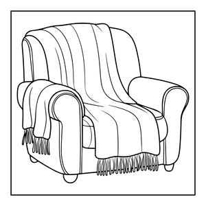 Peut inclure: Un dessin au trait noir et blanc repr&eacute;sentant un fauteuil aux accoudoirs arrondis et aux pieds courts. Un plaid &agrave; rayures verticales et aux bords frang&eacute;s est drap&eacute; sur le dossier et l'assise du fauteuil, recouvrant les coussins et les c&ocirc;t&eacute;s.