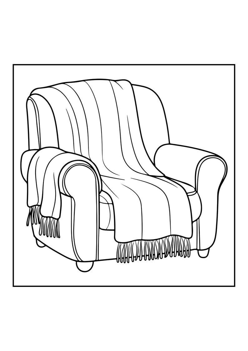 Peut inclure: Un dessin au trait noir et blanc repr&eacute;sentant un fauteuil aux accoudoirs arrondis et aux pieds courts. Un plaid &agrave; rayures verticales et aux bords frang&eacute;s est drap&eacute; sur le dossier et l'assise du fauteuil, recouvrant les coussins et les c&ocirc;t&eacute;s.