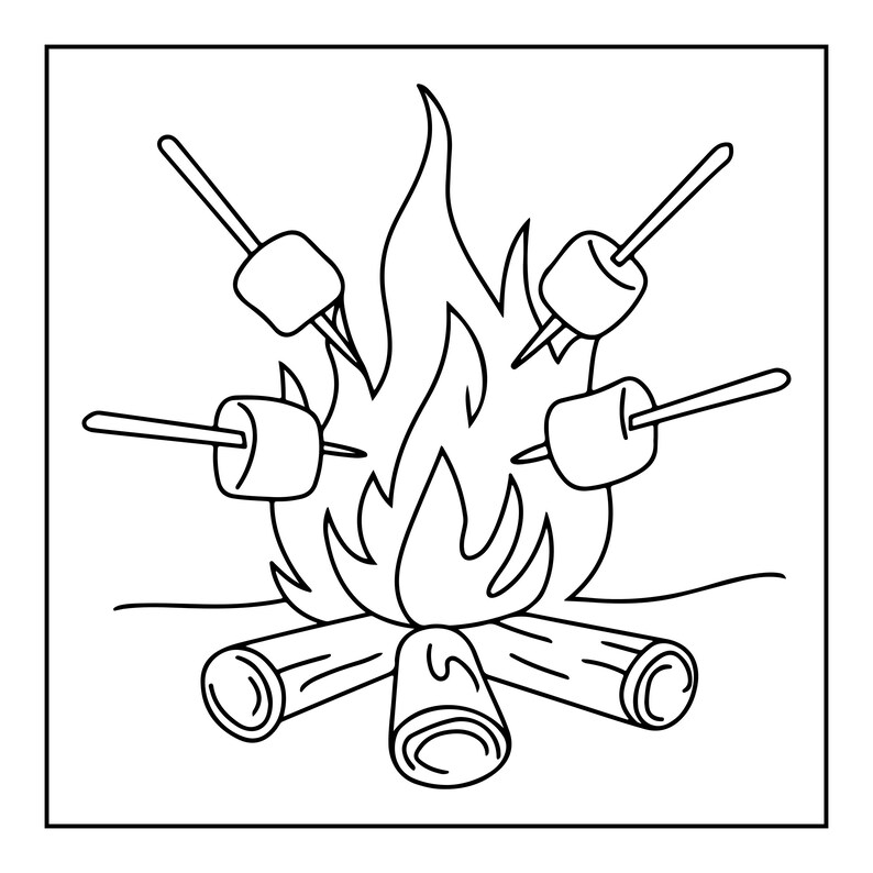 K&ouml;nnte beinhalten: Eine schwarz-wei&szlig;e Strichzeichnung eines Lagerfeuers mit drei Holzscheiten an der Basis und vier Marshmallows an St&ouml;cken, die um die Flammen herum angeordnet sind. Die Zeichnung zeigt klare, kr&auml;ftige Umrisse auf einem schlichten wei&szlig;en Hintergrund.