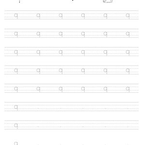 May include: A black and white educational handwriting practice worksheet featuring the letter q. The page includes a large dashed letter q, the word queen with a small illustration of a queen, and multiple rows of dashed letter q for tracing.