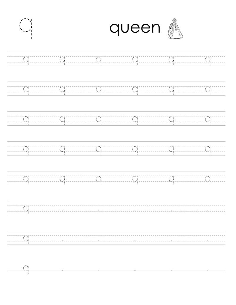 May include: A black and white educational handwriting practice worksheet featuring the letter q. The page includes a large dashed letter q, the word queen with a small illustration of a queen, and multiple rows of dashed letter q for tracing.