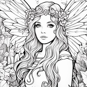 May include: A black and white line art illustration of a fairy with long wavy hair, wearing a floral crown. The figure has large, detailed insect-like wings and is surrounded by dense foliage, leaves, and flowers in a garden setting.