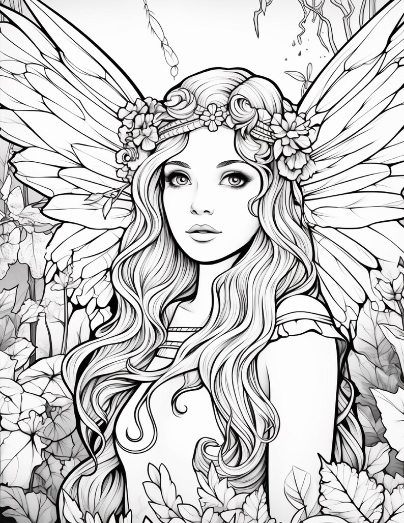May include: A black and white line art illustration of a fairy with long wavy hair, wearing a floral crown. The figure has large, detailed insect-like wings and is surrounded by dense foliage, leaves, and flowers in a garden setting.