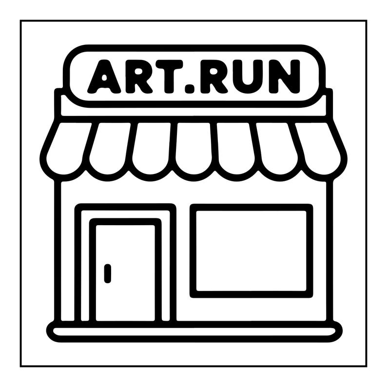 Op de afbeelding: Een zwart-wit lijntekening-icoon van een winkelpui met een geschulpte luifel. Het bord boven de luifel bevat de tekst ART.RUN in dikke hoofdletters. Het gebouw heeft een enkele deur aan de linkerkant en een groot rechthoekig raam.