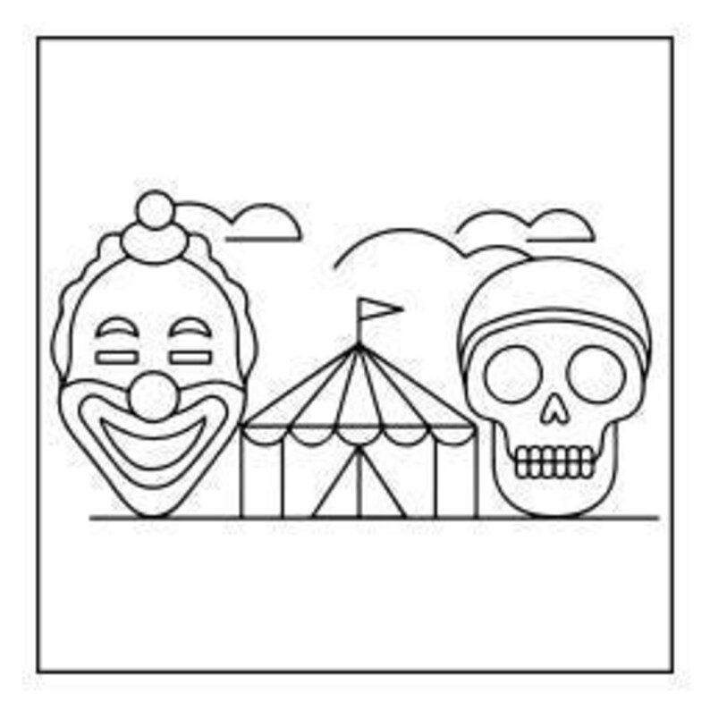 A line drawing of a clown face on the left, a circus tent in the middle, and a skull on the right.