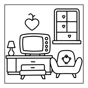 K&ouml;nnte beinhalten: Eine schwarz-wei&szlig;e Strichzeichnung eines Wohnzimmers mit einem Fernseher auf einer Konsole, einer kleinen Lampe, einem Sessel mit kreisf&ouml;rmigem Muster, einem Fenster mit Herzakzenten und einer herzf&ouml;rmigen Wanddekoration.