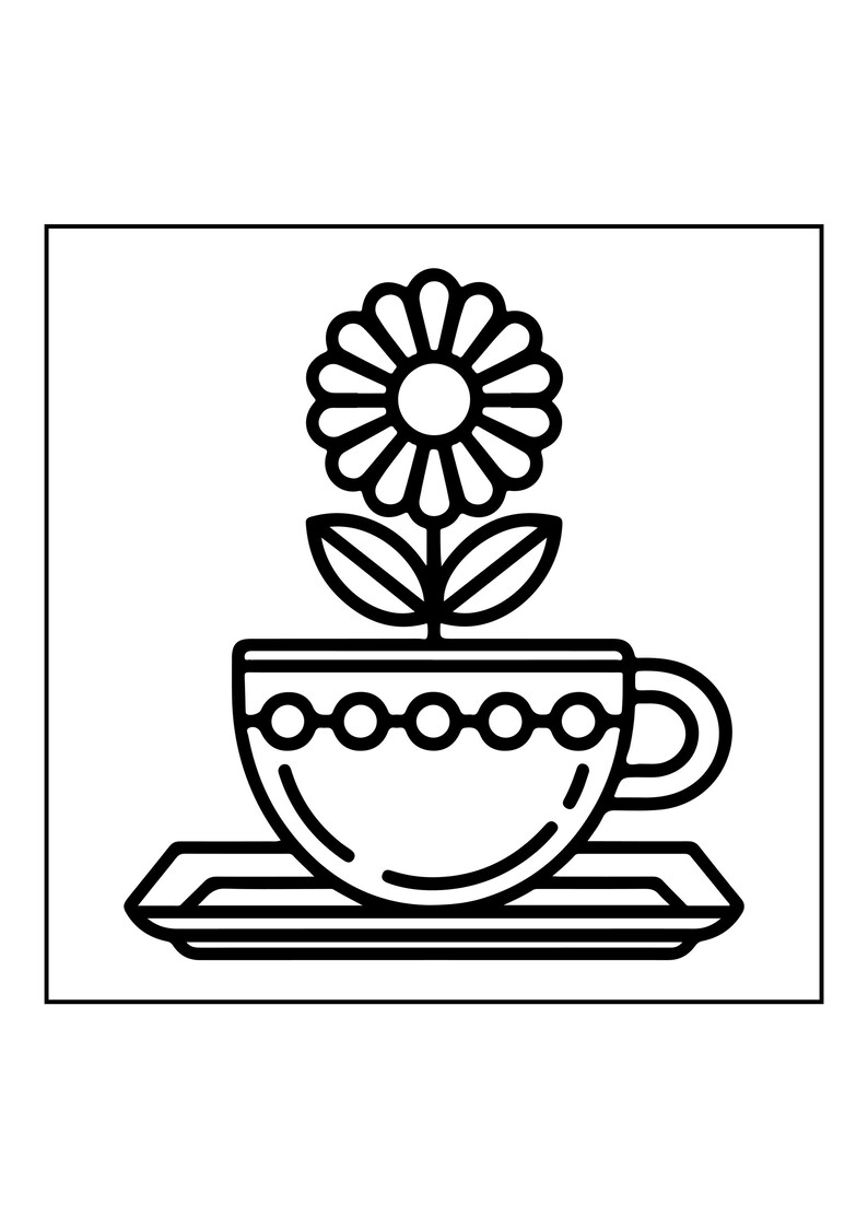 Peut inclure: Une illustration en noir et blanc au trait repr&eacute;sentant une tasse &agrave; th&eacute; pos&eacute;e sur une soucoupe. La tasse pr&eacute;sente une rang&eacute;e horizontale de cercles le long du bord sup&eacute;rieur et contient une fleur unique avec un disque central et des p&eacute;tales.