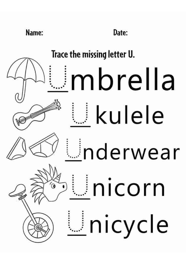 Op de afbeelding: Een zwart-wit educatief werkblad met de titel Trace the missing letter U. Het bevat illustraties van een paraplu, ukelele, ondergoed, eenhoorn en een eenwieler, elk naast het bijbehorende woord waarbij de beginletter U ontbreekt.