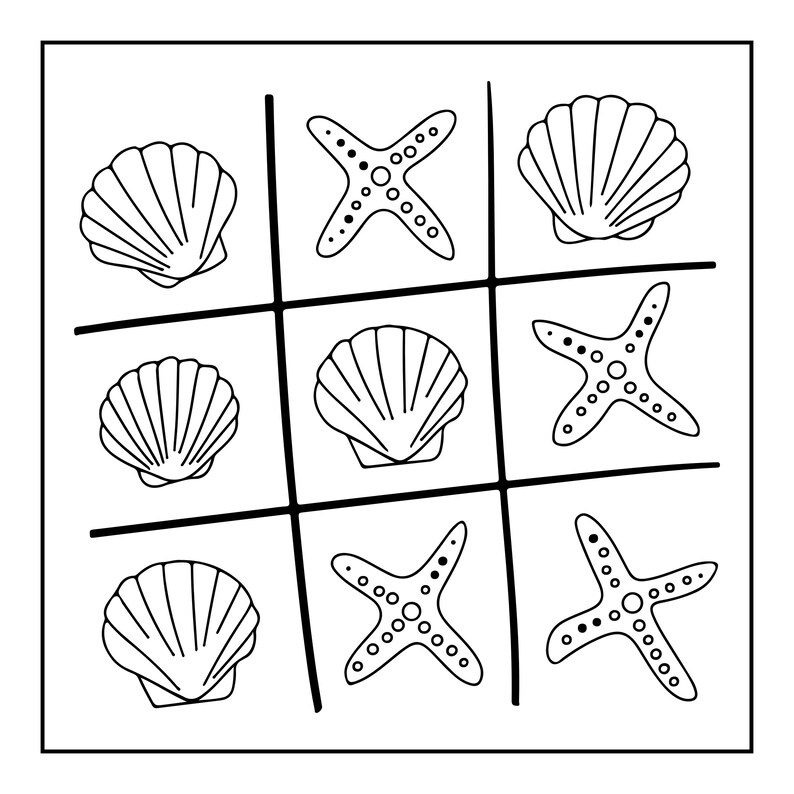 K&ouml;nnte beinhalten: Eine schwarz-wei&szlig;e Strichzeichnung eines Tic-Tac-Toe-Spielfelds. Das Raster enth&auml;lt vier Illustrationen von Jakobsmuscheln und f&uuml;nf Illustrationen von Seesternen, die in den neun Feldern angeordnet sind und ein nautisches Thema f&uuml;r dieses Spiel bilden.