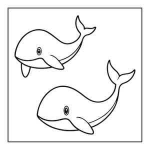 May include: A black and white line art illustration featuring two whales. Each whale is depicted with a rounded body, a single visible eye, a pectoral fin, and a tail fin pointing upward. The design uses clean, bold outlines on a plain background.