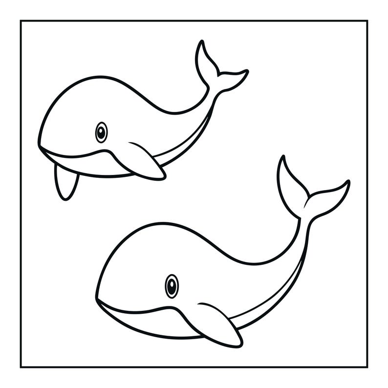 May include: A black and white line art illustration featuring two whales. Each whale is depicted with a rounded body, a single visible eye, a pectoral fin, and a tail fin pointing upward. The design uses clean, bold outlines on a plain background.
