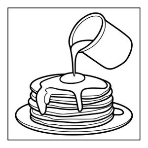 Pu&ograve; includere: Un'illustrazione in bianco e nero a linee di una pila di cinque pancake rotondi su un piatto circolare. Una brocca &egrave; inclinata sopra la pila, versando sciroppo che cola lungo i lati dei pancake in un flusso denso e continuo.