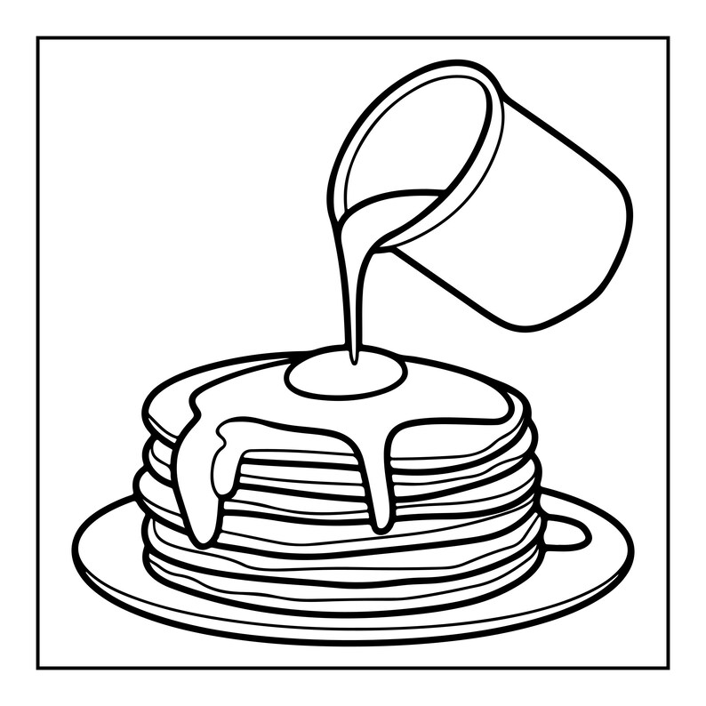 Pu&ograve; includere: Un'illustrazione in bianco e nero a linee di una pila di cinque pancake rotondi su un piatto circolare. Una brocca &egrave; inclinata sopra la pila, versando sciroppo che cola lungo i lati dei pancake in un flusso denso e continuo.