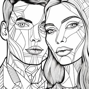 Op de afbeelding: Een zwart-wit lijntekening met de gezichten van twee personen naast elkaar. Het kunstwerk gebruikt geometrische vormen en ingewikkelde patronen om gelaatstrekken, haar en kleding te defini&euml;ren, wat een glas-in-loodeffect cre&euml;ert.
