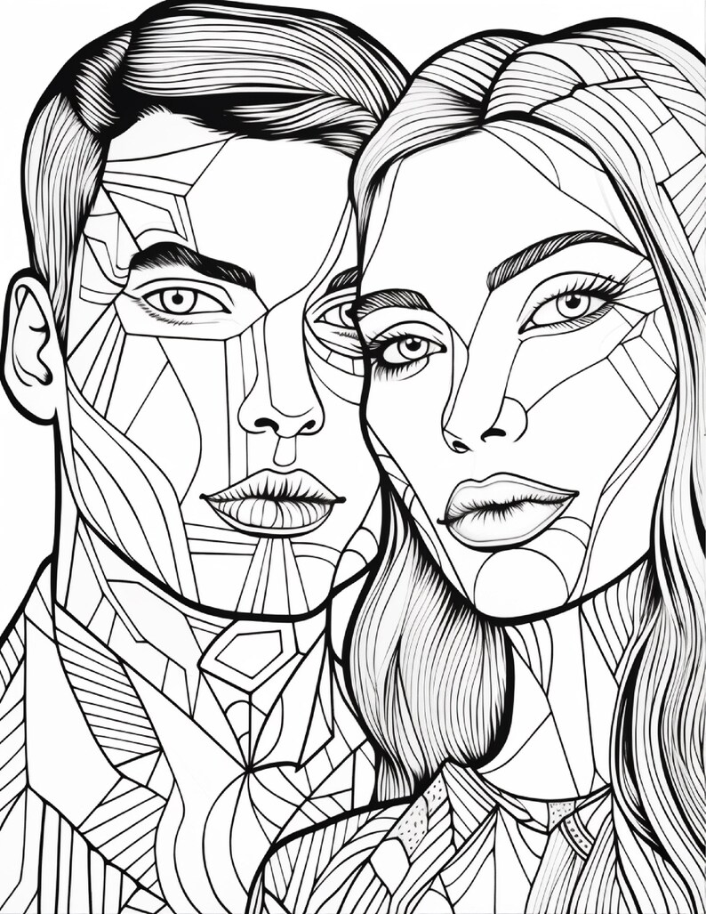 Op de afbeelding: Een zwart-wit lijntekening met de gezichten van twee personen naast elkaar. Het kunstwerk gebruikt geometrische vormen en ingewikkelde patronen om gelaatstrekken, haar en kleding te defini&euml;ren, wat een glas-in-loodeffect cre&euml;ert.