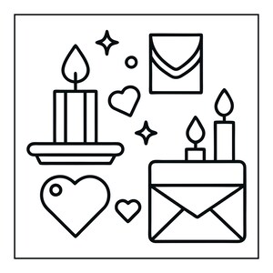 May include: A black and white line art illustration featuring a lit candle on a saucer, two envelopes, and three hearts of varying sizes. The design includes small star and circle accents scattered throughout the composition, creating a simple graphic.