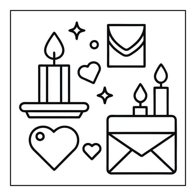 May include: A black and white line art illustration featuring a lit candle on a saucer, two envelopes, and three hearts of varying sizes. The design includes small star and circle accents scattered throughout the composition, creating a simple graphic.
