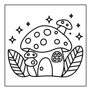 May include: A black and white line art illustration of a mushroom house with a large spotted cap, a small arched door, and a window. The house is flanked by two large leaves and surrounded by several four-pointed star shapes in the background.
