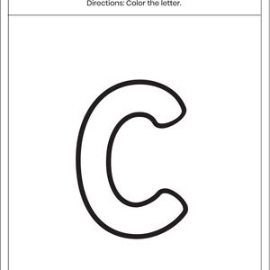 May include: A white educational worksheet featuring the text Name, Letter Coloring, and Directions: Color the letter. A large, bold, black outline of the uppercase letter C is centered on the page, designed for coloring activities.