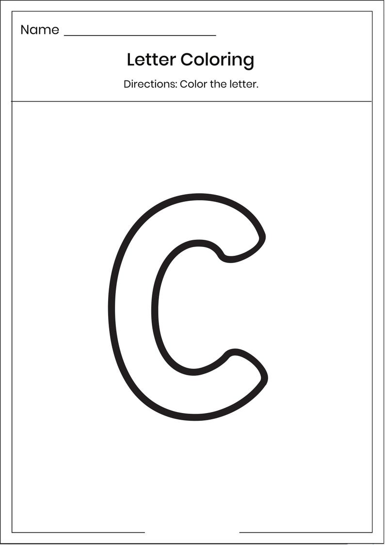 May include: A white educational worksheet featuring the text Name, Letter Coloring, and Directions: Color the letter. A large, bold, black outline of the uppercase letter C is centered on the page, designed for coloring activities.