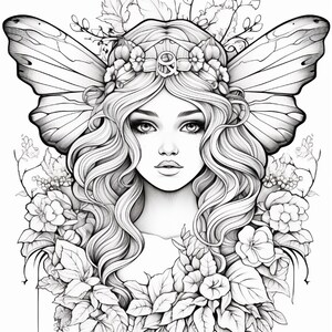 May include: A black and white line art illustration featuring a central figure with long wavy hair, wearing a floral crown, and adorned with large butterfly wings. The composition is surrounded by detailed botanical elements including leaves and flowers.