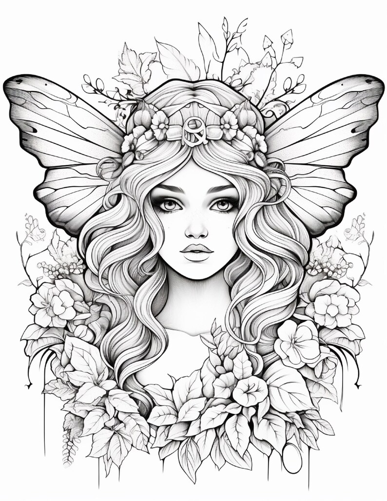 May include: A black and white line art illustration featuring a central figure with long wavy hair, wearing a floral crown, and adorned with large butterfly wings. The composition is surrounded by detailed botanical elements including leaves and flowers.