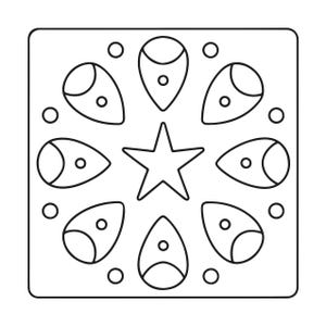 May include: A square tile featuring a black and white line drawing. The design consists of a central five-pointed star surrounded by six teardrop-shaped petals, each containing a small circle. Four additional small circles are placed in the corners.