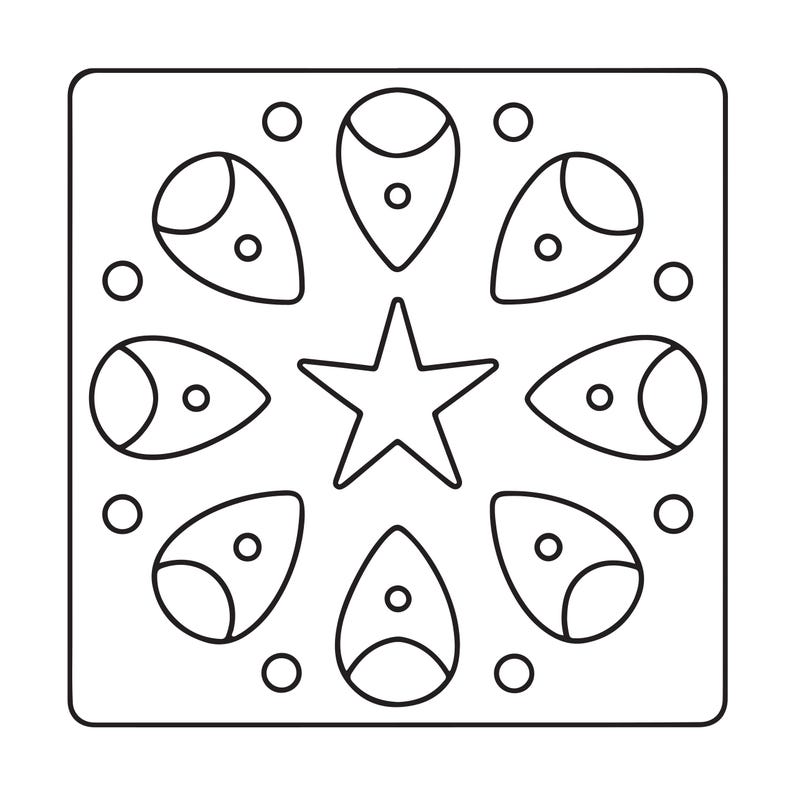 May include: A square tile featuring a black and white line drawing. The design consists of a central five-pointed star surrounded by six teardrop-shaped petals, each containing a small circle. Four additional small circles are placed in the corners.