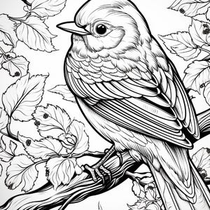 May include: A black and white line art illustration of a small bird perched on a tree branch. The bird has detailed feathers and a round eye, surrounded by foliage with leaves and small berries. The drawing style uses clean, bold outlines.
