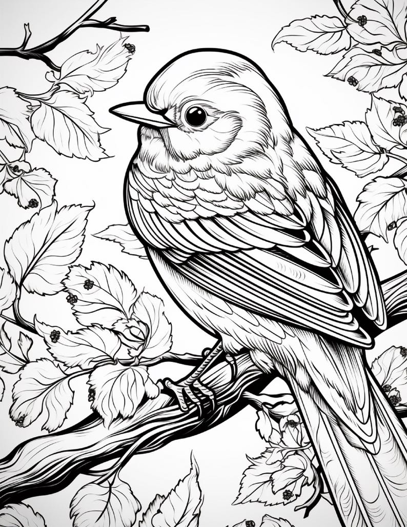May include: A black and white line art illustration of a small bird perched on a tree branch. The bird has detailed feathers and a round eye, surrounded by foliage with leaves and small berries. The drawing style uses clean, bold outlines.