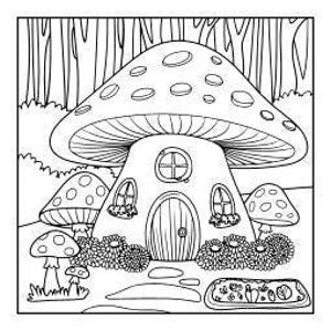 A line drawing of a large mushroom house with a door, windows, and surrounding smaller mushrooms and bushes, set in a forest.