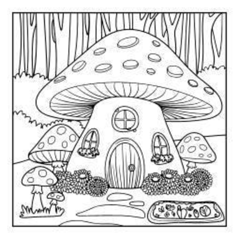 A line drawing of a large mushroom house with a door, windows, and surrounding smaller mushrooms and bushes, set in a forest.
