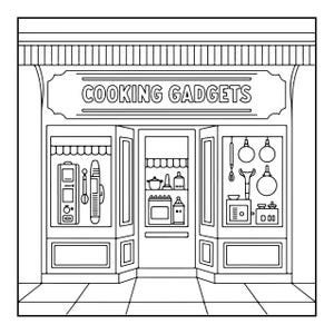 Op de afbeelding: Een zwart-witte lijntekening van een winkelpui met de tekst COOKING GADGETS op het bord. De winkel heeft twee etalages en een centrale deur, waarin diverse keukengerei, pannen en apparaten achter het glas worden getoond.