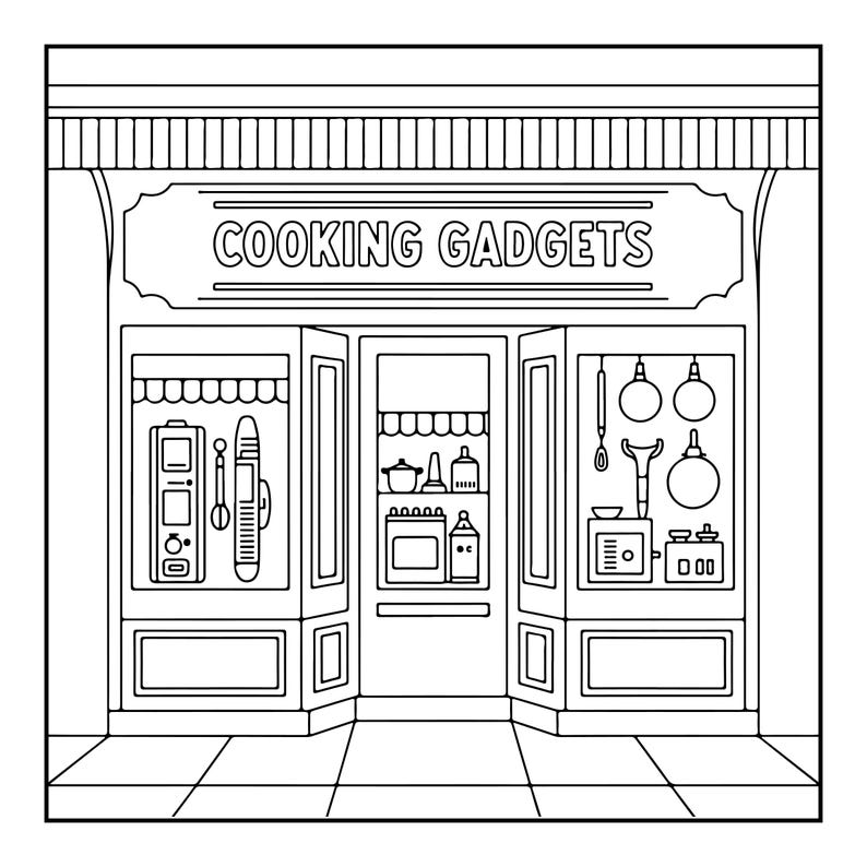 Op de afbeelding: Een zwart-witte lijntekening van een winkelpui met de tekst COOKING GADGETS op het bord. De winkel heeft twee etalages en een centrale deur, waarin diverse keukengerei, pannen en apparaten achter het glas worden getoond.