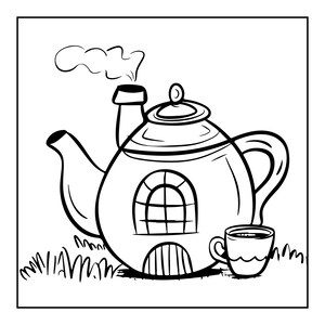 May include: A black and white line drawing of a teapot shaped like a small house with a chimney emitting smoke, a central arched window, and a door at the base. A small matching cup sits to the right, all resting on a patch of grass.