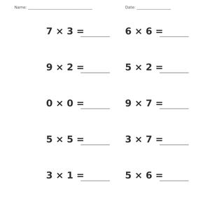 May include: A white educational worksheet titled Multiplication &bull; Single Digit with a grey header. It features ten math problems with single-digit multiplication equations, blank lines for answers, and spaces for a name and date at the top.