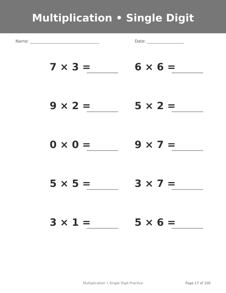 May include: A white educational worksheet titled Multiplication &bull; Single Digit with a grey header. It features ten math problems with single-digit multiplication equations, blank lines for answers, and spaces for a name and date at the top.
