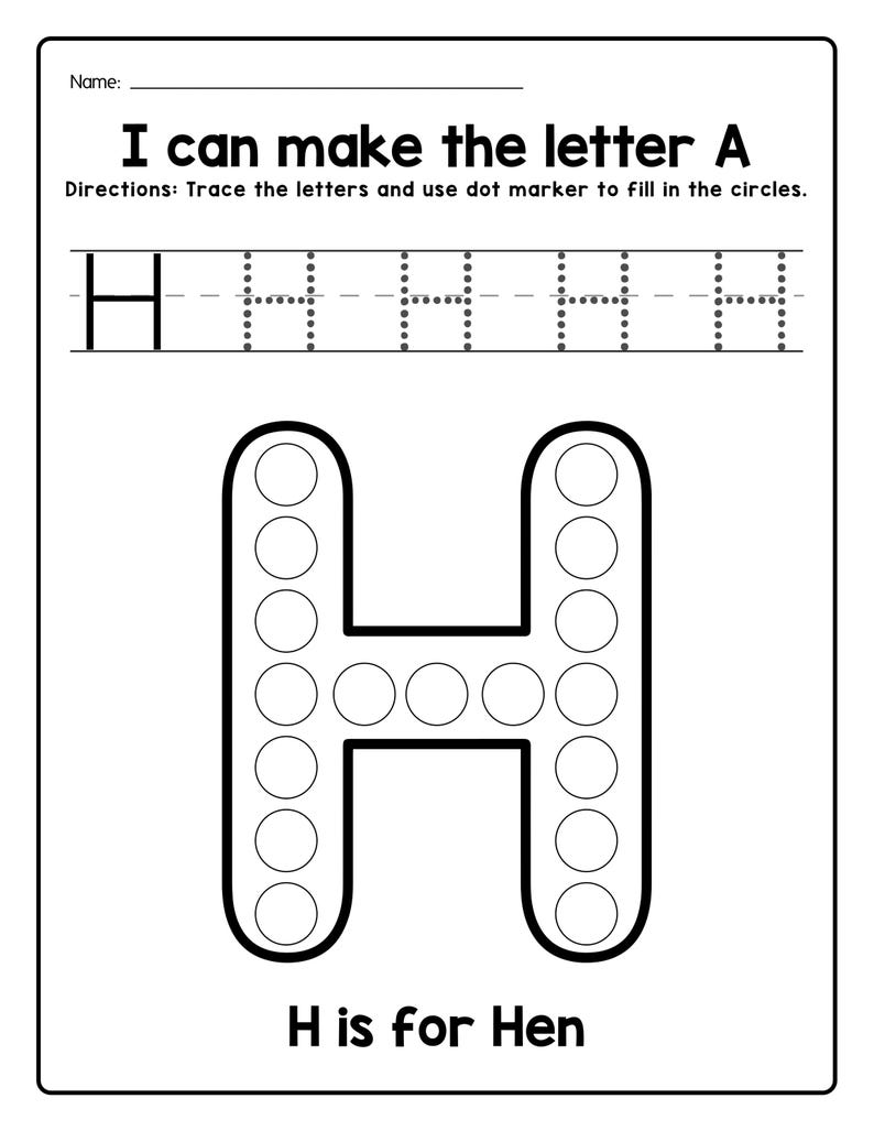 Peut inclure: Une feuille d'exercices &eacute;ducative en noir et blanc intitul&eacute;e I can make the letter A, avec des instructions pour tracer la lettre H et remplir des cercles formant un grand H majuscule, avec le texte H is for Hen en bas de la page.
