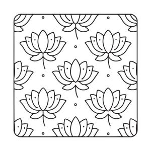 May include: A square graphic tile featuring a repeating black and white line art pattern of stylized lotus flowers. Each lotus is depicted with symmetrical petals and small dots, arranged in a grid with tiny circles between the floral motifs.