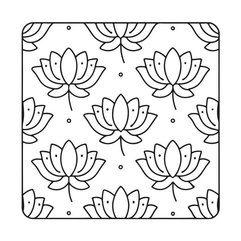 May include: A square graphic tile featuring a repeating black and white line art pattern of stylized lotus flowers. Each lotus is depicted with symmetrical petals and small dots, arranged in a grid with tiny circles between the floral motifs.