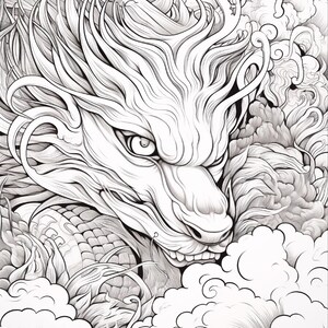 Puede incluir: Una ilustraci&oacute;n de arte lineal en blanco y negro que presenta una cabeza de drag&oacute;n detallada con melena y escamas fluidas, rodeada de nubes arremolinadas estilizadas. La obra utiliza l&iacute;neas intrincadas para definir rasgos y texturas.