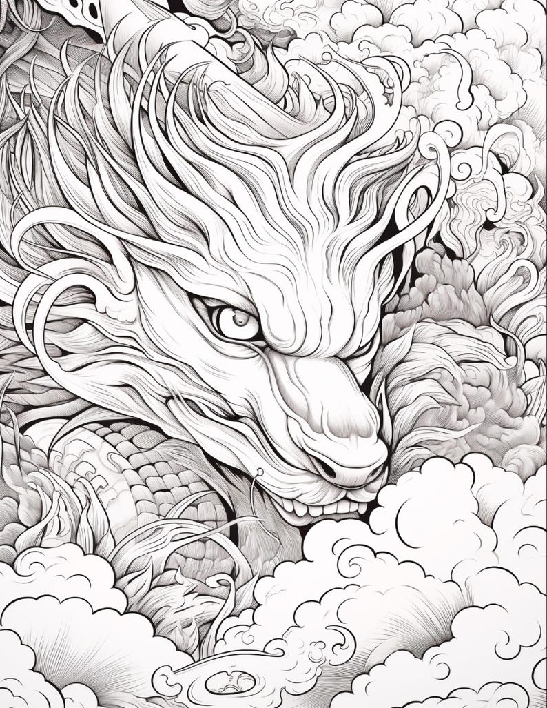 Puede incluir: Una ilustraci&oacute;n de arte lineal en blanco y negro que presenta una cabeza de drag&oacute;n detallada con melena y escamas fluidas, rodeada de nubes arremolinadas estilizadas. La obra utiliza l&iacute;neas intrincadas para definir rasgos y texturas.