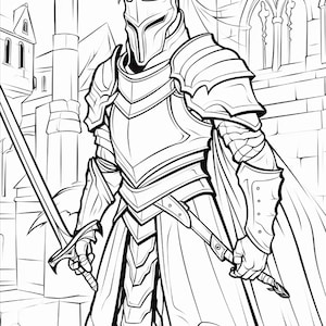 Op de afbeelding: Een zwart-wit lijntekening van een ridder in volledig harnas die voor een stenen kasteel staat. De ridder draagt een helm met vizier, schouderplaten en handschoenen, en houdt een lang zwaard in de ene hand en een schede in de andere hand.