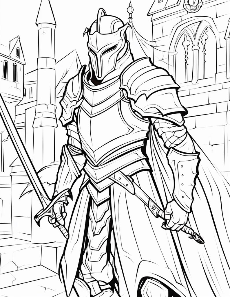 Op de afbeelding: Een zwart-wit lijntekening van een ridder in volledig harnas die voor een stenen kasteel staat. De ridder draagt een helm met vizier, schouderplaten en handschoenen, en houdt een lang zwaard in de ene hand en een schede in de andere hand.