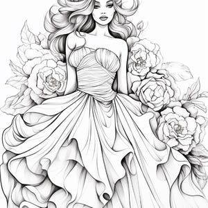 Pu&ograve; includere: Un'illustrazione in bianco e nero a tratto che raffigura una persona con lunghi capelli ondulati che indossa un abito senza spalline con corpetto drappeggiato e gonna voluminosa a strati, circondata da grandi peonie in fiore dettagliate.