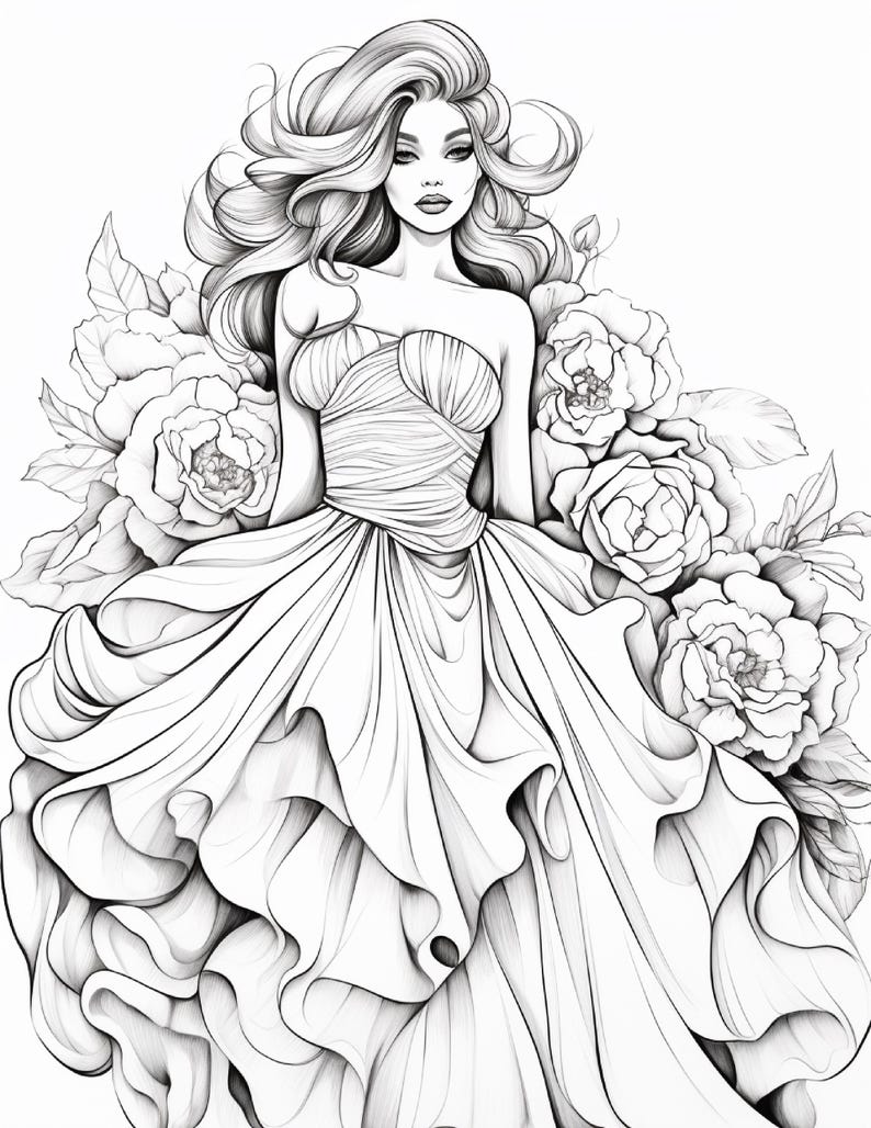 Pu&ograve; includere: Un'illustrazione in bianco e nero a tratto che raffigura una persona con lunghi capelli ondulati che indossa un abito senza spalline con corpetto drappeggiato e gonna voluminosa a strati, circondata da grandi peonie in fiore dettagliate.
