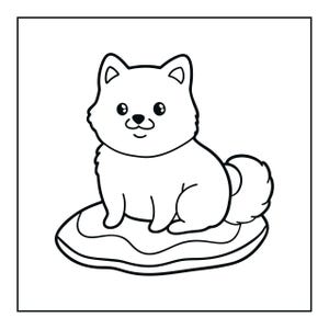 May include: A black and white line art illustration of a small, fluffy dog sitting on a rounded mat. The dog has large, round eyes, a small nose, and a curled tail. The drawing features clean, bold outlines on a plain white background.